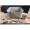 Image 1 : Large steel washtub, w/ vintage items - bottles, tin, cow bell, etc.