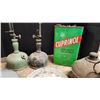 Image 4 : Collection of vintage items - Coal oil table lamp, gas can, spouts, tins, etc.