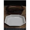 Image 1 : brown glass casserole dish and cooks friend fine stoneware serving tray