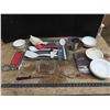 Image 1 : lot of dishes , utensils , cookie tray , ceramic goose thermometers