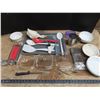 Image 8 : lot of dishes , utensils , cookie tray , ceramic goose thermometers