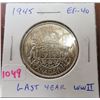 Image 1 : 1945 Canadian Silver 50 Cents. Last year of World War II. EF-40.
