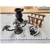 Image 1 : Assorted items - brass candle holder, angel ornament, wooden napkin holder, etc.
