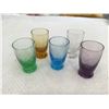 5 vintage MCM colored glass etched wheat shot glasses, Saki shooters.