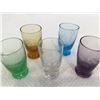 Image 3 : 5 vintage MCM colored glass etched wheat shot glasses, Saki shooters.