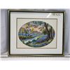 Image 1 : Cross Stitched landscape framed glass picture - 22"W x 17.5"H
