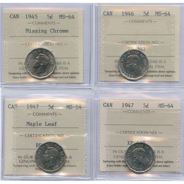 1945 - 1947 Five Cents - ICCS Graded Lot of 4