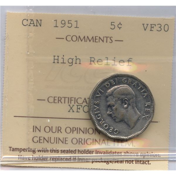 1951 Five Cents - High Relief