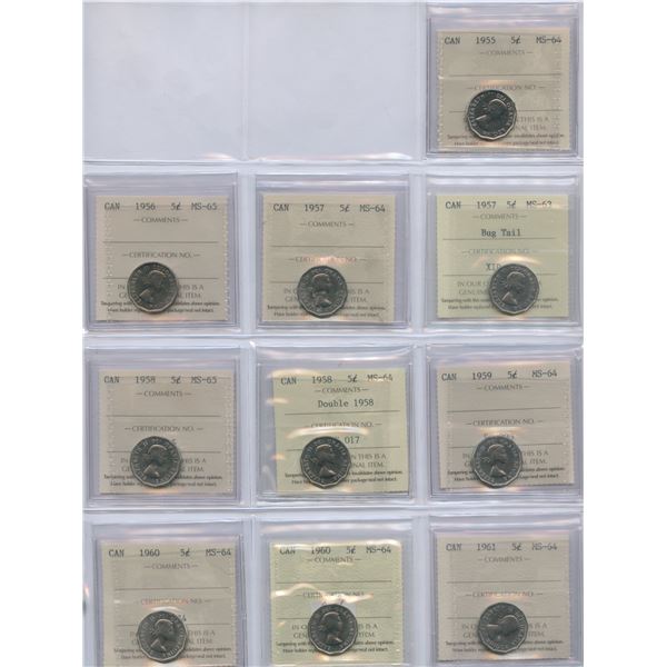 1955 - 1961 Five Cents - ICCS Graded Lot of 10