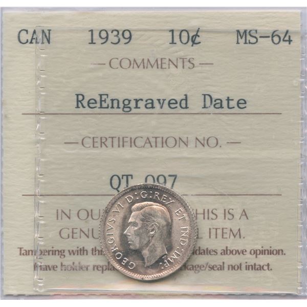 1939 Ten Cents - Re-engraved Date