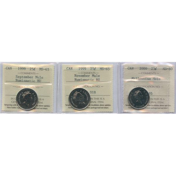 1999-2000 Twenty-Five Cents - ICCS Graded Mule Lot of 3