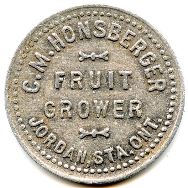 C.M. Honsberger, Jordan Station, Ont. Fruit Picker Tokens, McColl 731 - Lot of 2