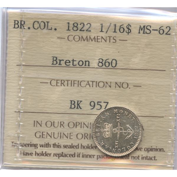 Br 860. British West Indies Colonial 1/16 Dollar, 1822.