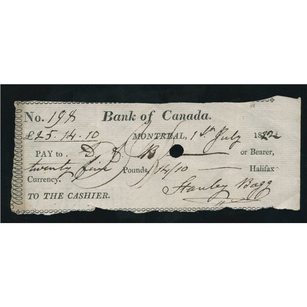 Bank of Canada, 1822 Cheque