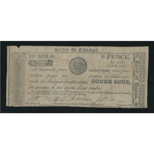 Ethier et Uneau 12 sous/6 Pence, 1837