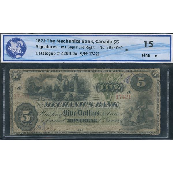 Mechanics Bank $5, 1872