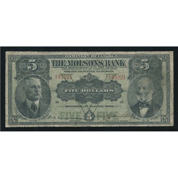 Molsons Bank $5, 1908