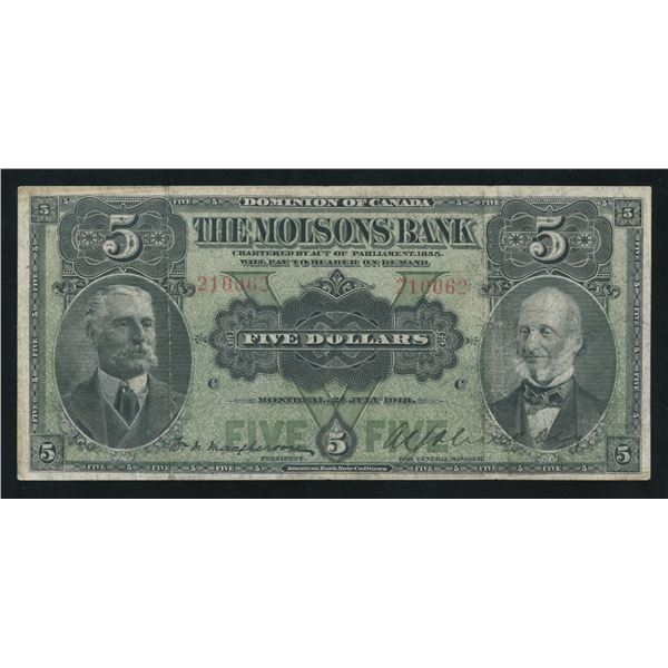 Molsons Bank $5, 1918