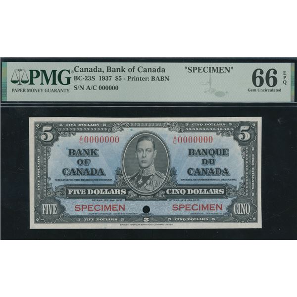 Bank of Canada $5, 1937 - Specimen