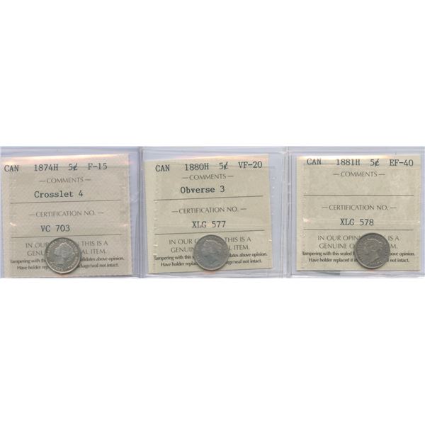 1874H - 1881H Five Cents - ICCS Graded Lot of 3