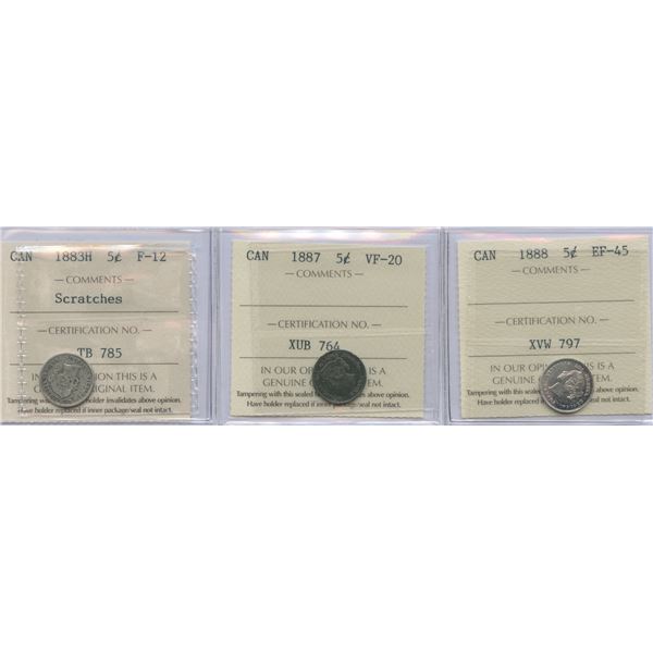 1883H - 1888 Five Cents - ICCS Graded Lot of 3