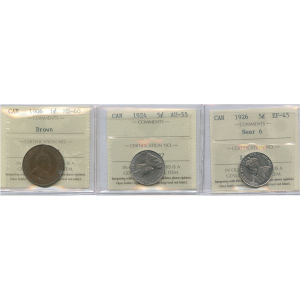 1906 One Cent, 1924 & 1926 Five Cents - ICCS Graded Trio