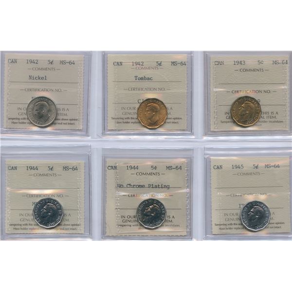 1942 - 1945 Five Cents - ICCS Graded Lot of 6