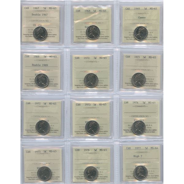 1967 - 1977 Five Cents - ICCS Graded Lot of 12