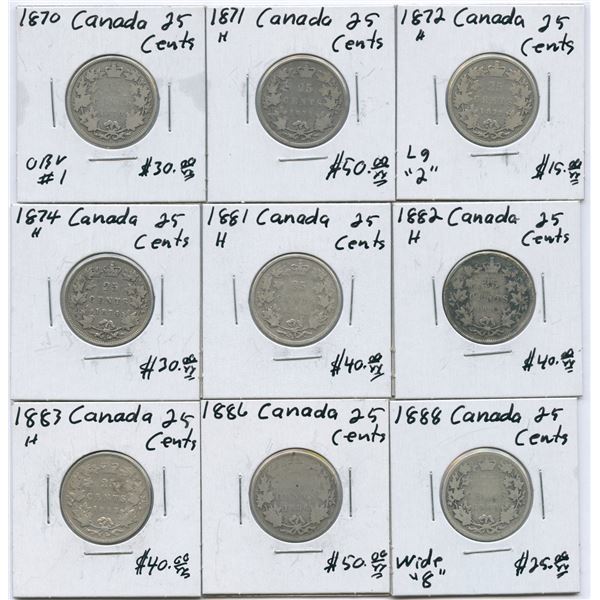 1870 - 1888 Twenty-Five Cents - Lot of 9