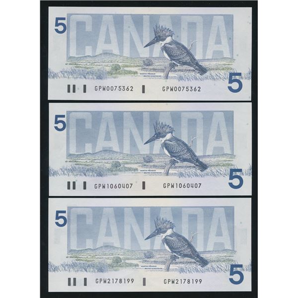 Bank of Canada $5, 1986 - Lot of 3