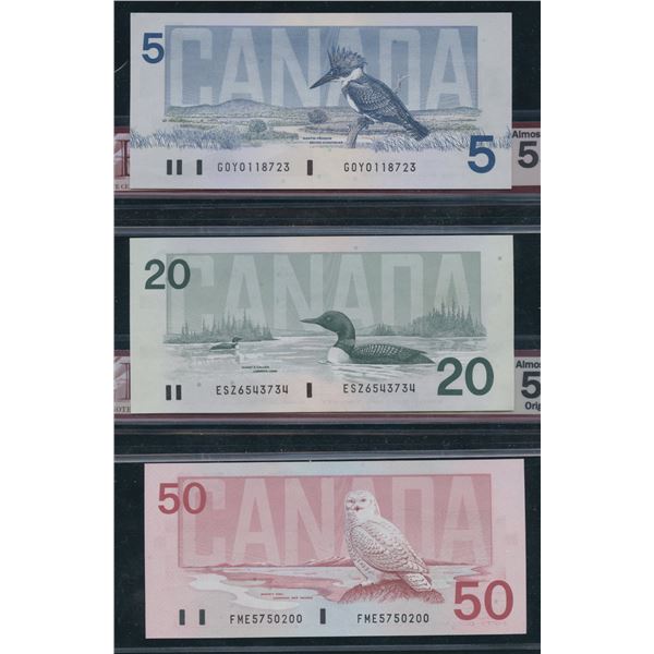 Bank of Canada $5, $20 & $50, Bird Series - Lot of 3