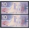 Image 1 : Bank of Canada $10, 2001 - Lot of 2 Consecutives