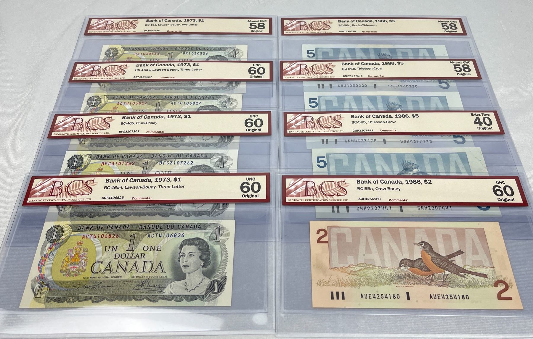 Canadian Banknotes Examples Bank of Canada BCS Graded Collection of 8 Notes