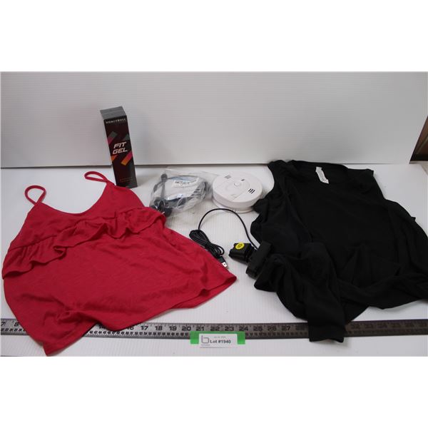 Pink Women's Top (XS), Women's Black Tank Top (10), Headset, Fire Detector, Charger, Fit Gel