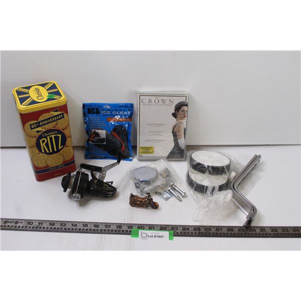 The Crown Season 1-2, Ritz Tin Container, Fishing Reel, Set of Training Wheel, Ice Cleats, Motorcycl