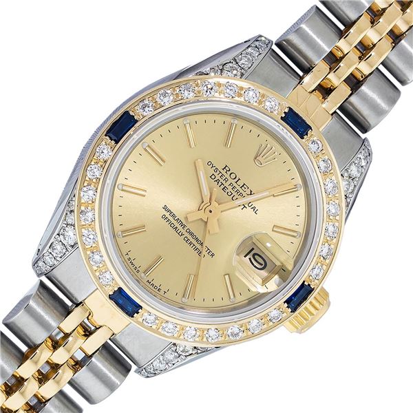 Rolex Ladies 2T Quickset Champagne Dial Diamond Lugs & Sapphire Bezel Datejust