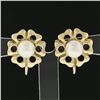 Image 2 : Vintage 14k Yellow Gold 6.8mm Round Pearl Open Flower Frame Screw Back Earrings