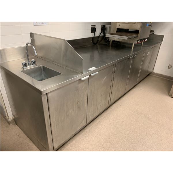 LARGE STAINLESS STEEL PREP AREA WITH SING AND CABINETS