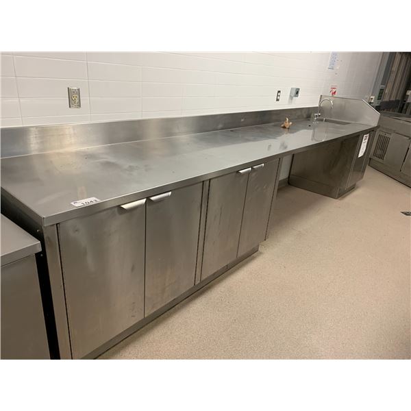 STAINLESS STEEL PREP TABLE WITH CABINETS AND SINK STATION