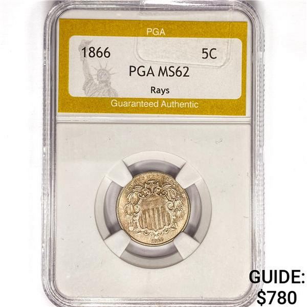 1866 Shield Nickel PGA MS62 Rays