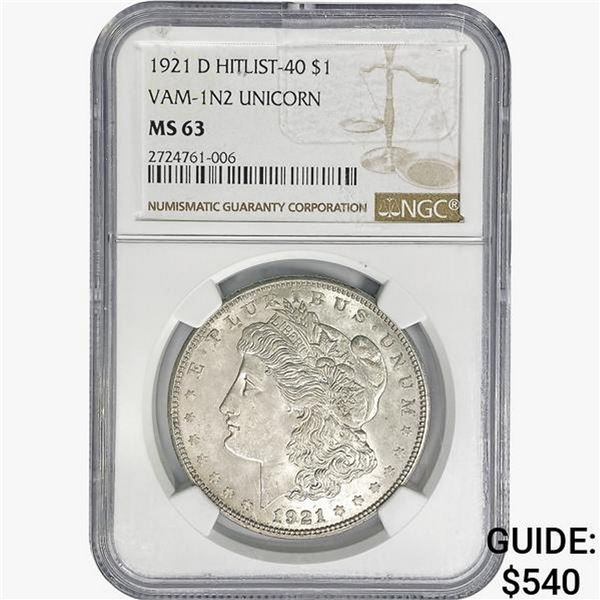1921-D Morgan Silver Dollar NGC MS63 VAM-1N2 Unico