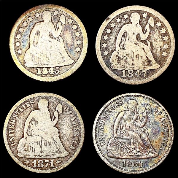 [4] Seated Lib Dimes [1845, 1847, 1860, 1874] LIGH