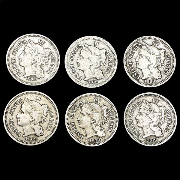 [6] US 3 Cent Nickels [1868, [4] 1869, 1870] HIGH