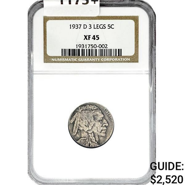 1937-D 3-Legs Buffalo Nickel NGC XF45