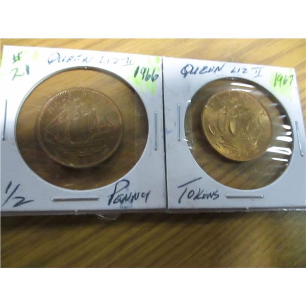 1966 & 1967 AU UNCIRCULATED QUEEN ELIZABETH HALF PENNY TOKEN