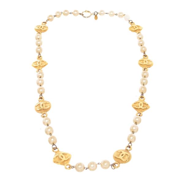 Chanel Gold Medal & Pearl Ribbon CC Dangle Necklace