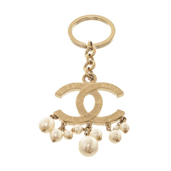 Chanel Gold-tone CC Logo Pearl Key Chain