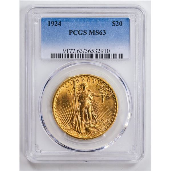 1924 $20 Double Eagle Gold Coin PCGS MS63