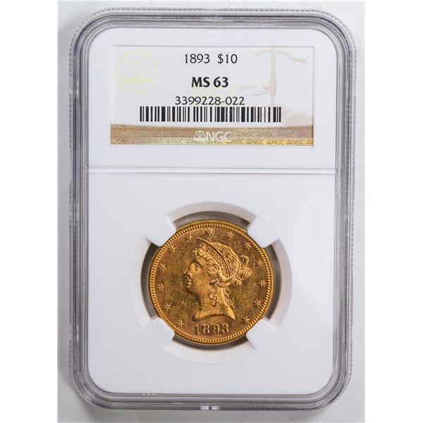 1893 $10 Eagle Gold Coin NGC MS63