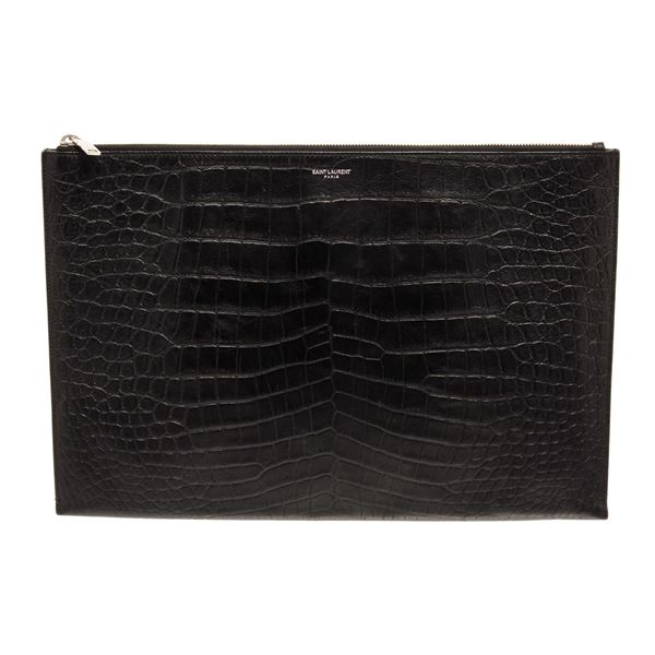 Saint Laurent YSL Black Crocodile Zip Pouch